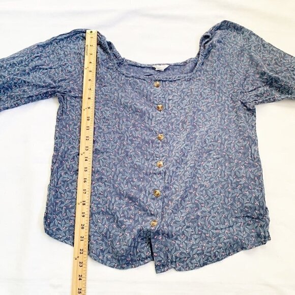 5/$25 Caslon boho peasant blue floral button front off shoulder elastic wrist - Picture 8 of 8